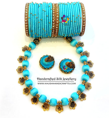 Light blue Silk Thread Necklace set with lovely set of Bangles