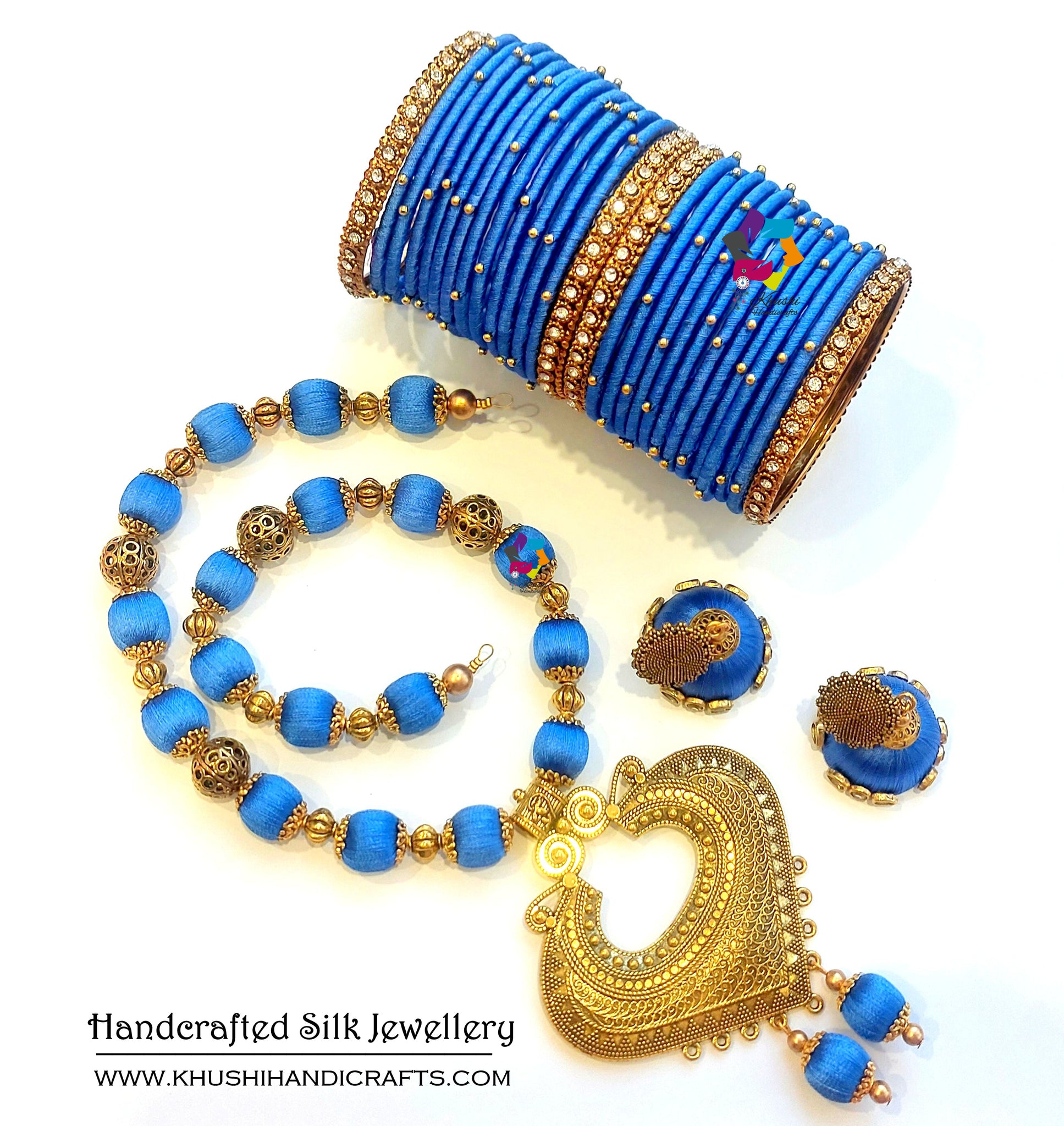 Blue Silk Thread Necklace set with lovely set of Bangles
