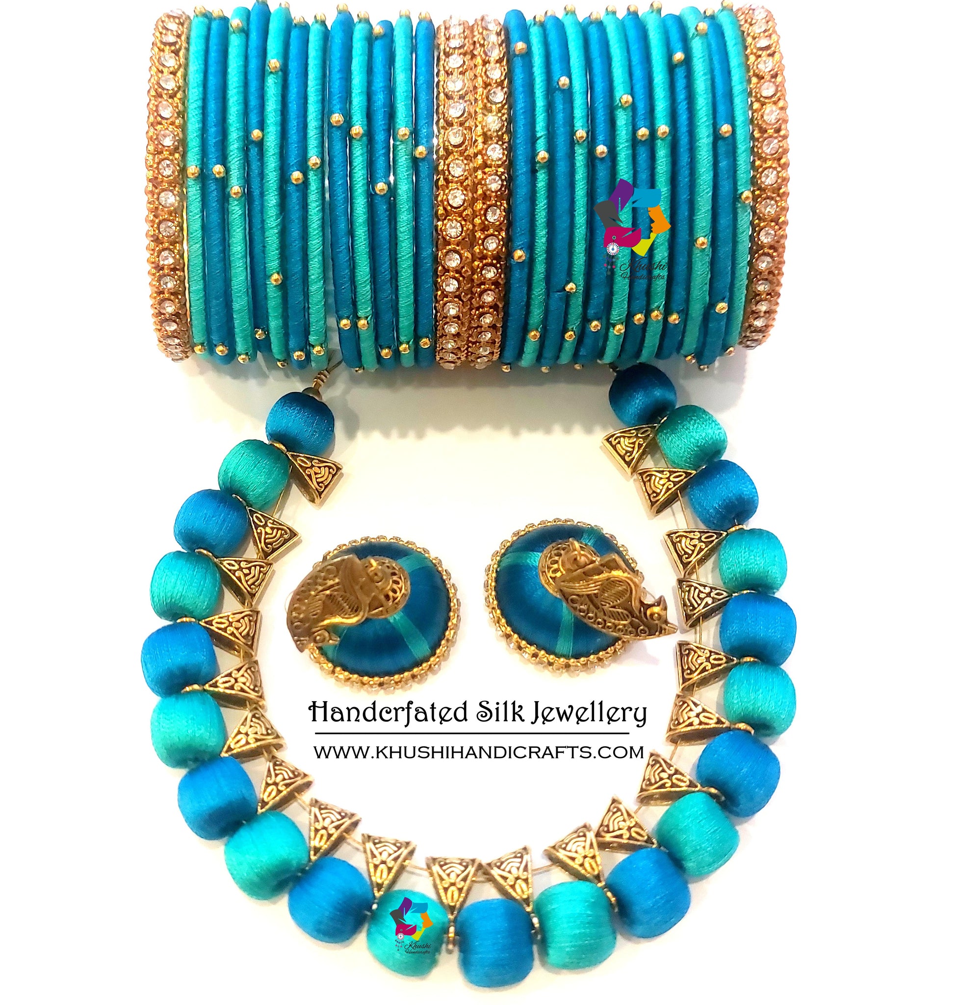 Buy Peacock Blue green Silk Thread Necklace set with Bangles
