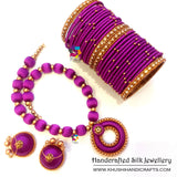 Purple Silk Thread Necklace set with Handcrafted Pendant and lovely set of Bangles