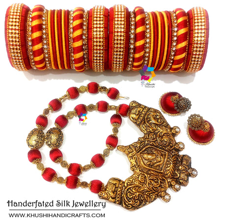 Marron Silk Thread Necklace set with Dokri Ganesh Pendant and carefully curated Bangles