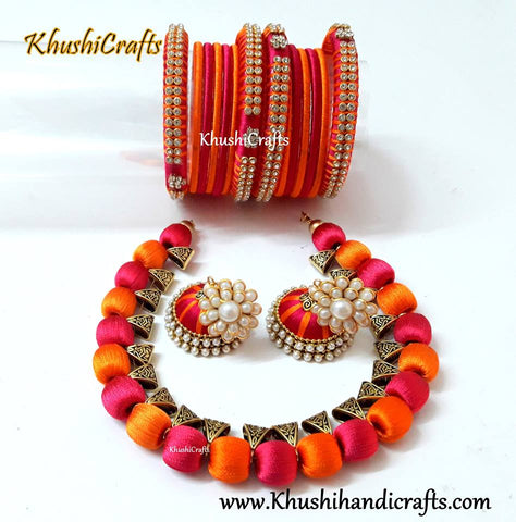 Silk Thread Jewelry in Orange and Pink with matching bangles and jhumkas!