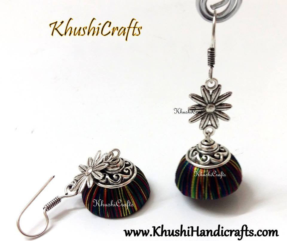 Multicoloured Silk Thread Jhumka with Flower metal charm - Khushi Handmade Jewellery