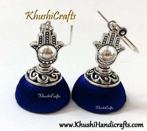Blue Silk Thread Jhumka with Hand metal charm