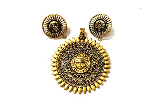 Antique Gold Designer Round Durga Pendant Stud Combo for Jewellery Making