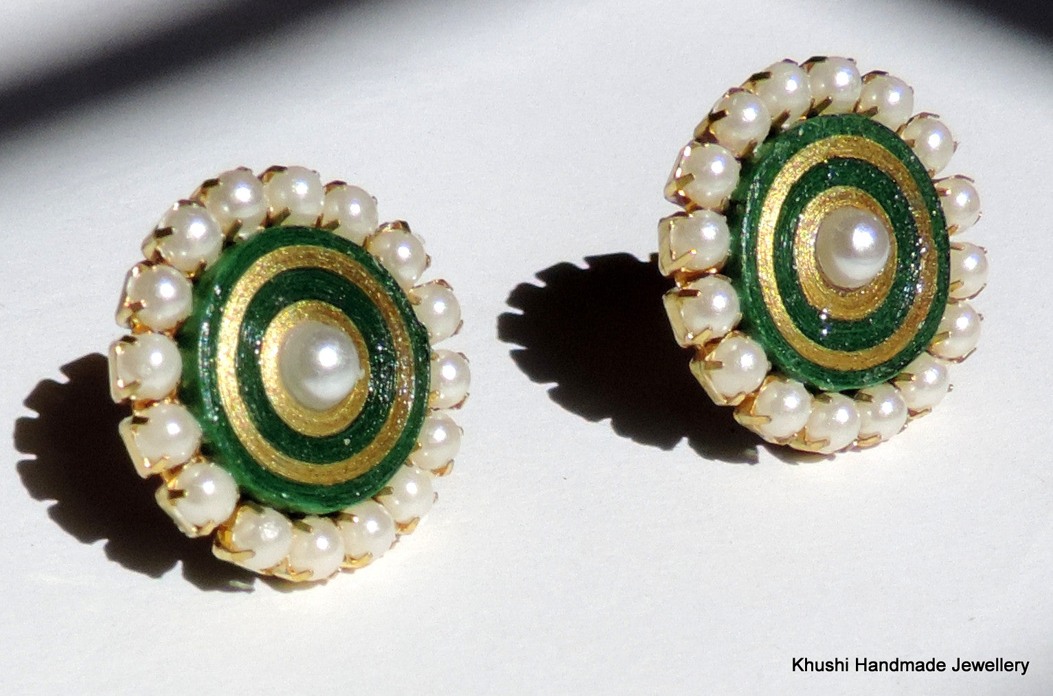 Green studs with pearl lining - Khushi Handmade Jewellery