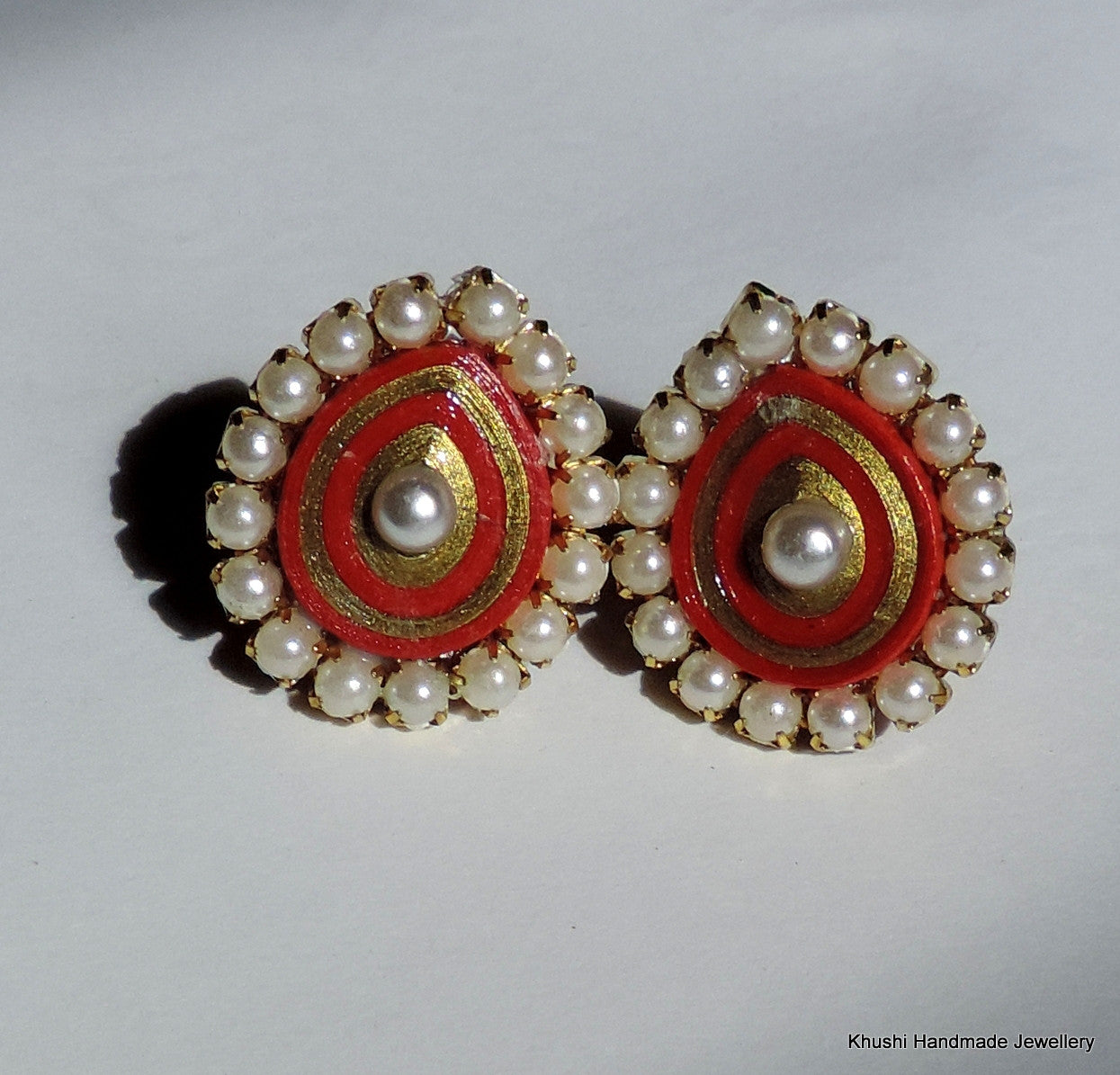Red studs with pearl lining - Khushi Handmade Jewellery