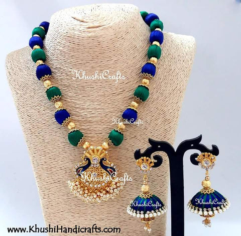 Peacock shaded silk thread Necklace set