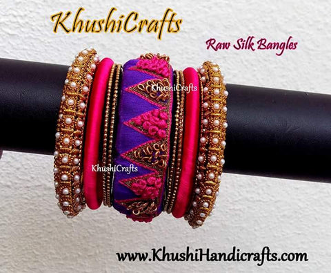Designer Raw Silk / Cloth Bangles in Purple and pink with maggam / aari work