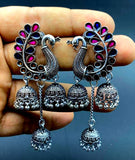 German Silver /Designer Oxidized Peacock Enamel Multiple Jhumka Earrings!