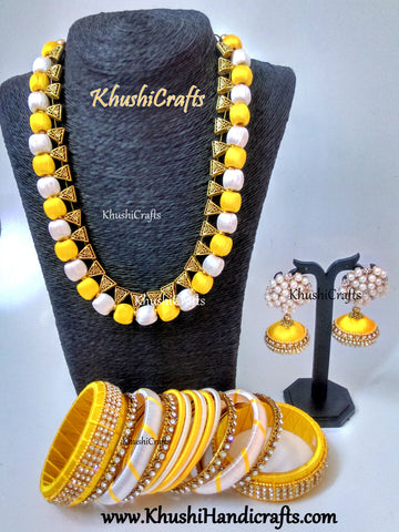 Yellow and Off White Silk Thread Necklace set with matching bangles and Mukta Jhumkas!