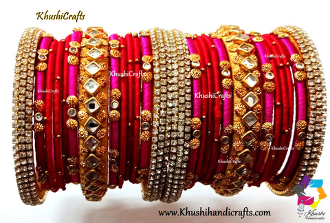 Red Pink and Gold Silk thread Designer Bridal Chura Bangles