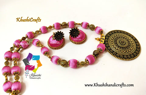 Pink Silk Thread Jewelry Set with Designer Pendant!