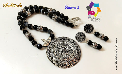 Black Semiprecious Agate Necklace with German silver Pendant and dangler earrings Pattern 2