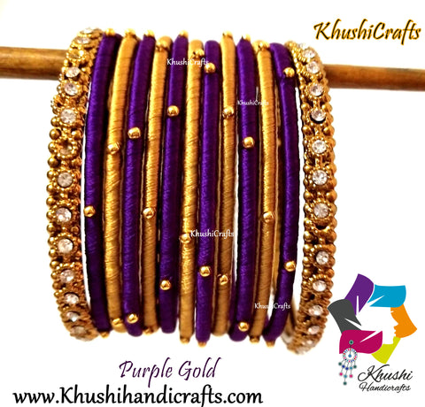 Purple Gold Silk Thread Beaded Bangles