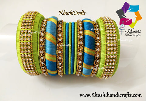 Lime Green and Peacock shaded Designer Silk Thread Bangles