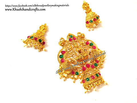 Antique Gold Lakshmi Pendant and earrings with beautiful stones-Pattern 11!
