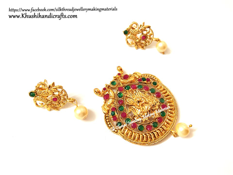 Antique Gold Lakshmi Pendant and earrings with beautiful stones-Pattern 12