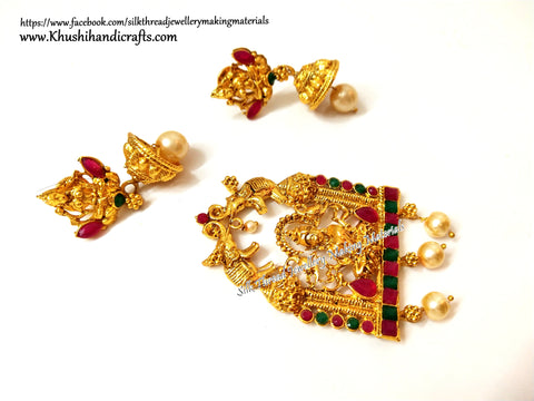 Antique Gold Lakshmi Pendant and earrings with beautiful stones-Pattern 13