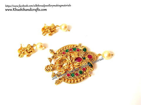 Antique Gold Lakshmi Pendant and earrings with beautiful stones-Pattern 14