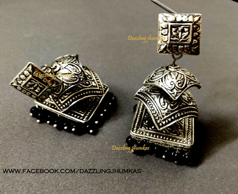 German Silver Stylish Layered Oxidised Dangler Earrings