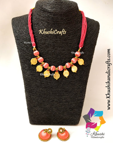 Silk thread Jewellery Lakshmi Kasu/coin set in Peach shade