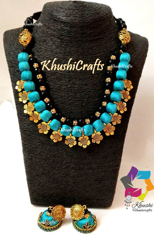 Peacock shade Silk Thread Necklace Jewellery set with Flower spacer beads and agate semiprecious stones