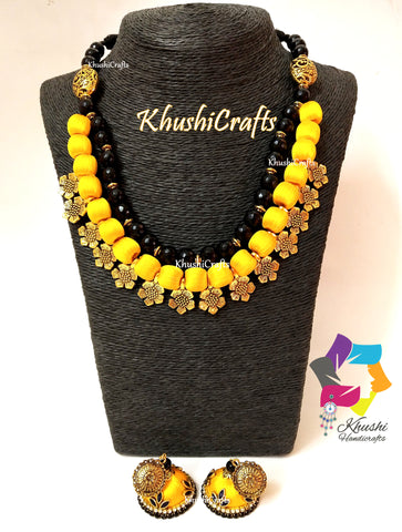 Yellow Silk Thread Necklace Jewellery set with Flower spacer beads and agate semiprecious stones