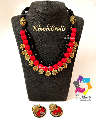 Red Silk Thread Necklace Jewellery set with Flower spacer beads and agate semiprecious stones
