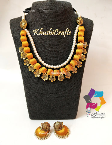 Gold shade Silk Thread Necklace Jewellery set with Flower spacer beads