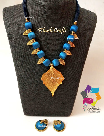 Peacock shade silk thread Necklace set with Leaf Pendant