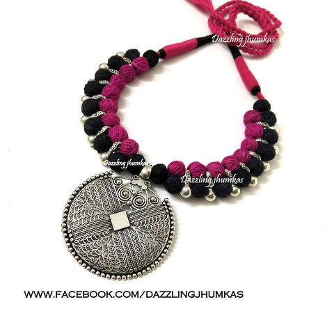 Oxidised silver Jewellery | Kolhapuri necklace in Black and Pink
