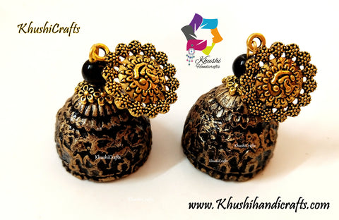 Temple Patterned Clay Jhumkas with a mettalic look!