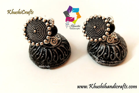 Handmade Clay Jhumkas with a Silver mettalic look!