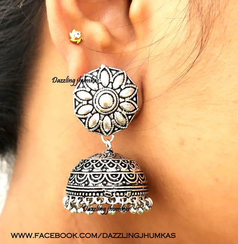 Teejh Ethnic Floral Silver Oxidised Jhumki Earrings Online For Women
