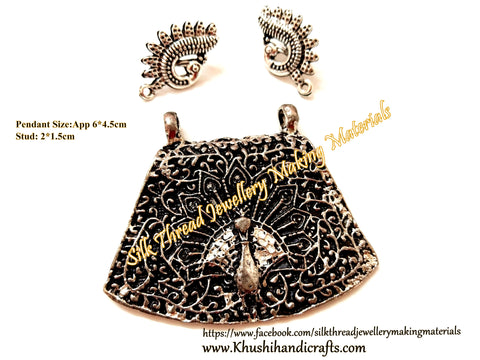 Antique Silver Peacock Pendant Stud Combo for Jewellery Making Pattern 7