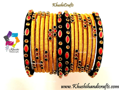 Black and Gold Silk thread Kundan Bangles