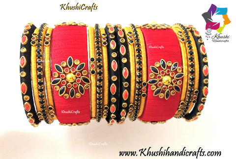 Red Black and Gold Silk thread Bangles with Kundan work!
