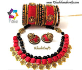 Red kundan silk thread necklace jewellery set jhumkas bangles 