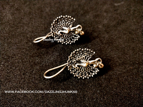 Silver Look alike Designer Peacock Oxidised Dangler Earrings