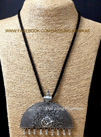 Oxidised Ganesha Pendant with Black adjustable Necklace Cord Dori Pattern 1