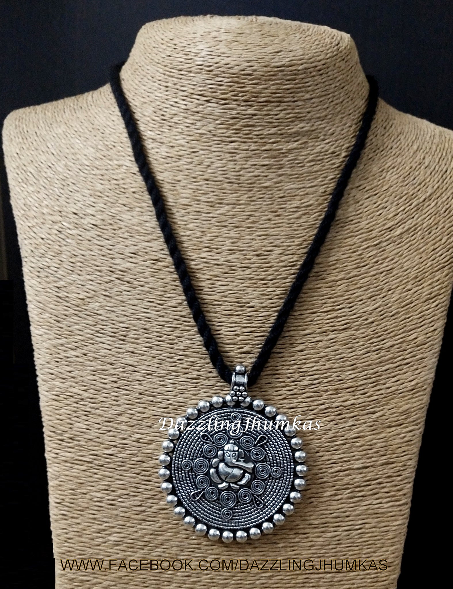 Oxidized Ganesha Pendant with Black adjustable Necklace Cord Dori Pattern