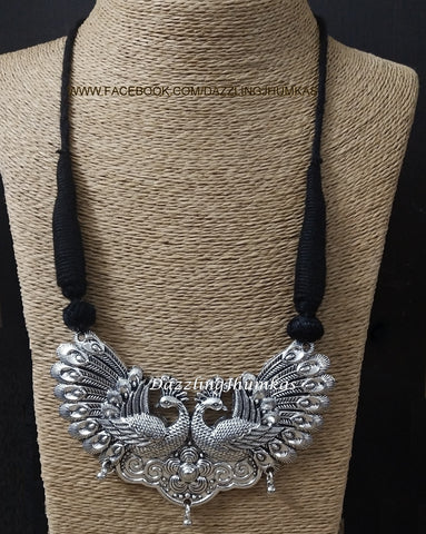 Oxidized Big Double Peacock  Pendant with Black adjustable Necklace Cord Dori !