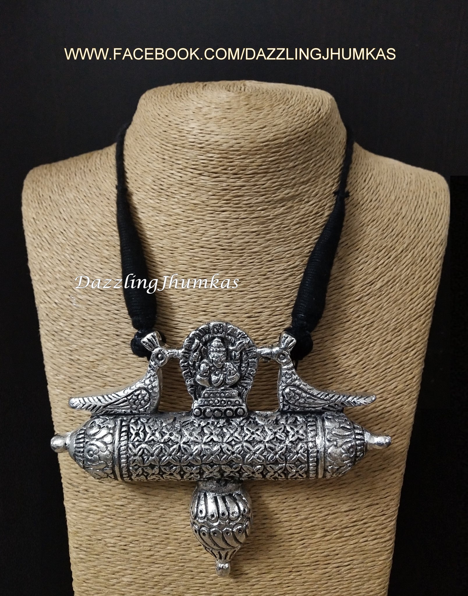 Oxidized Big Ganesha Parrot Pendant with Black adjustable Necklace Cord Dori ! Vidya Balan style Necklace!