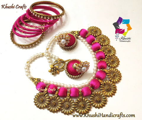 Pink Double layered silk thread Pearl Necklace set with Jhumkas