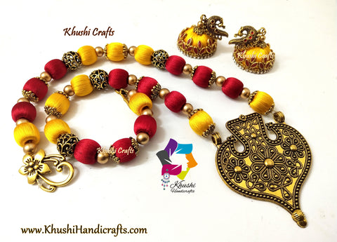 Red and Yellow Silk Thread Jewelry Set with Designer Pendant