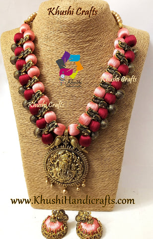 Maroon Peach Silk Thread Jewelry Set with Kolhapuri beads and Ganesha Pendant!