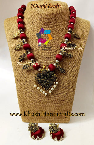 Maroon Silk Thread Jewelry Set with Kolhapuri beads and designer Pendant!
