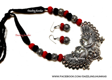 Red Black Oxidised Silver Peacock Pendant Oxidized Jewelry Set