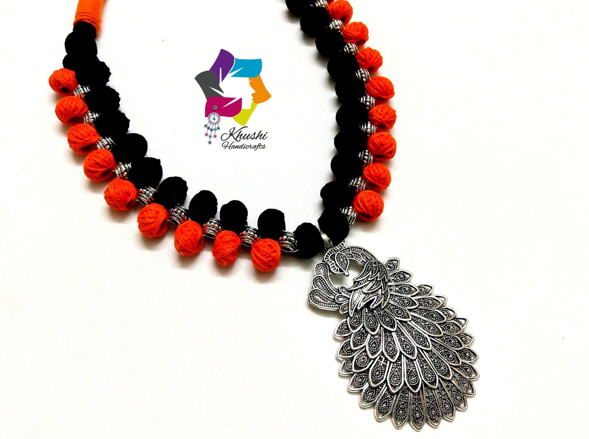Peacock Oxidised silver Jewellery Handmade German silver necklace in Black and Orange